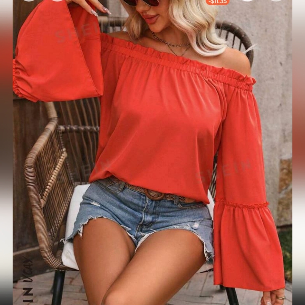 SHEIN OFF SHOULDER FRILL HEM BLOUSE WITH FLARED SLEEVES. NEW!